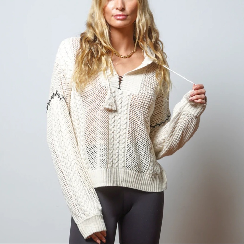 Central Park West Lottie Drawstring Hooded Sweater Cream Knit NWT